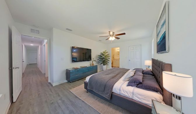 Bedroom, Interior, Recessed Lighting, Wood Texture Flooring