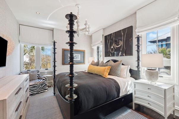 Bedroom, Chandelier, Interior, Recessed Lighting, Wood Texture Flooring