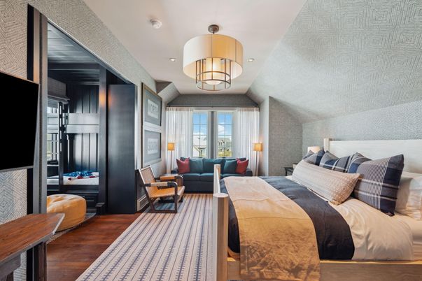 Bedroom, Chandelier, Interior, Recessed Lighting, Wood Texture Flooring