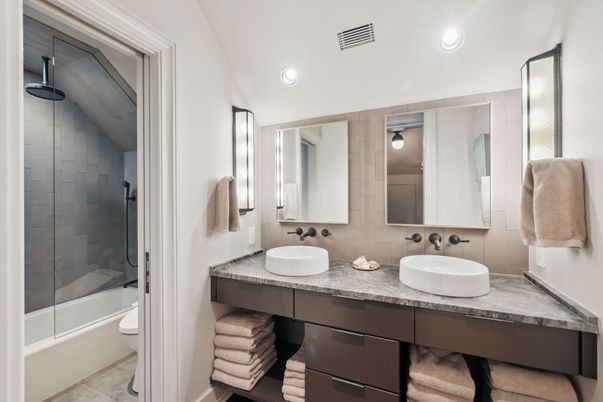Bathroom, Dual Sink Vanities, Glass Shower, Interior, Recessed Lighting