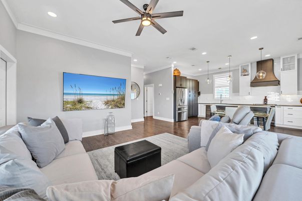 Interior, Kitchen, Living room, Pendant Lights, Recessed Lighting, Stainless Steel Appliances, Wood Texture Flooring