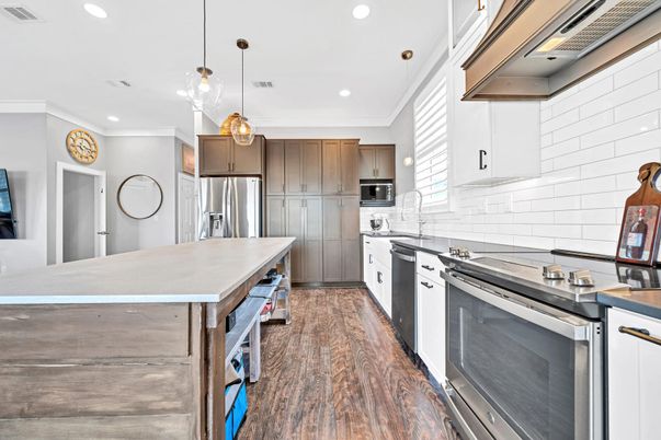 Interior, Kitchen, Pendant Lights, Recessed Lighting, Stainless Steel Appliances, Wood Texture Flooring