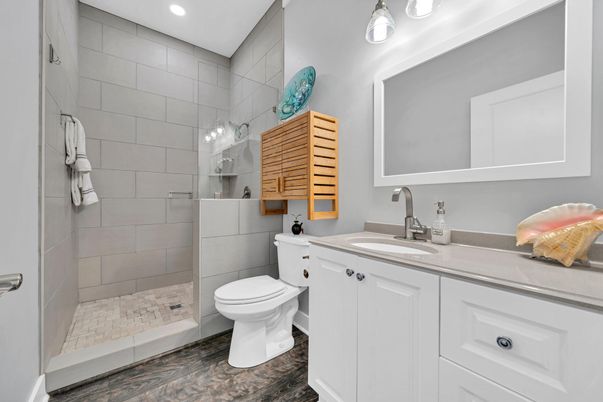 Bathroom, Glass Shower, Interior, Recessed Lighting, Wood Texture Flooring