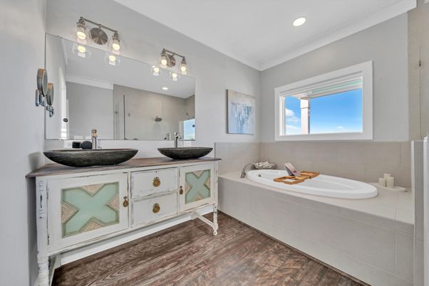 Bathroom, Dual Sink Vanities, Interior, Recessed Lighting, Wood Texture Flooring