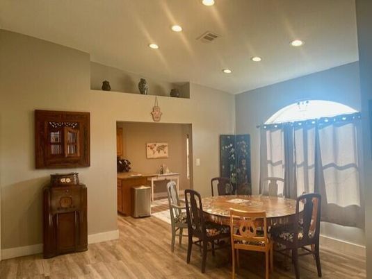Dining room, Interior, Recessed Lighting, Wood Texture Flooring
