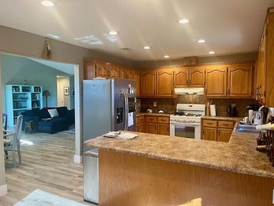 Interior, Kitchen, Living room, Recessed Lighting, Stainless Steel Appliances, Wood Texture Flooring