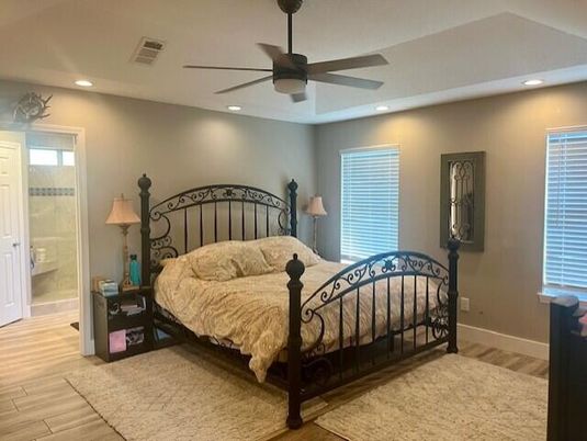 Bedroom, Interior, Recessed Lighting, Wood Texture Flooring