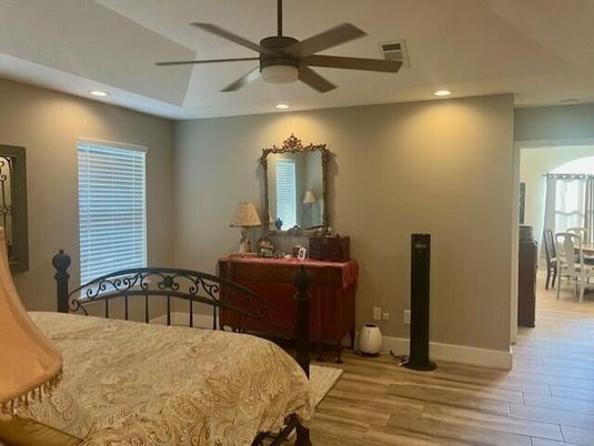 Bedroom, Interior, Recessed Lighting, Wood Texture Flooring