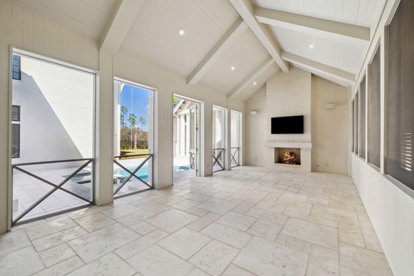 Fireplace, Interior, Recessed Lighting, Stone Walls