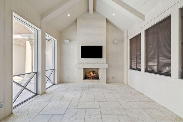 Fireplace, Interior, Recessed Lighting, Stone Walls