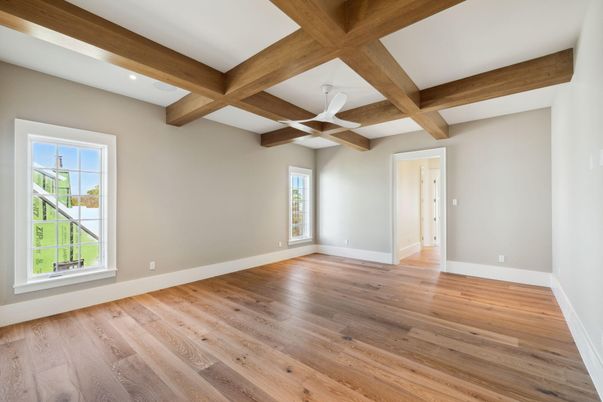 Empty room, Interior, Recessed Lighting, Wooden Beams, Wood Texture Flooring