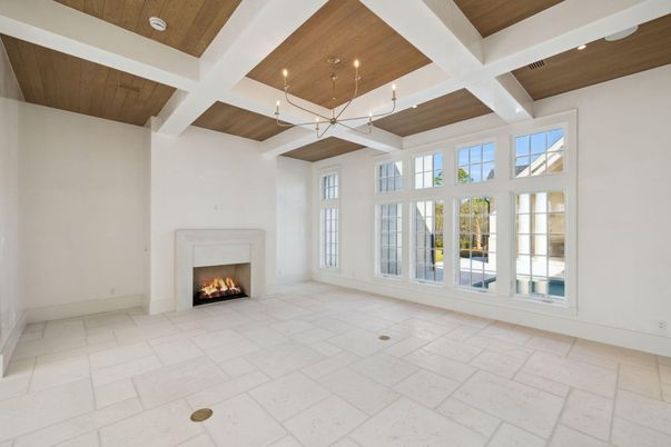 Empty room, Fireplace, Interior, Pendant Lights, Recessed Lighting, Wooden Ceilings