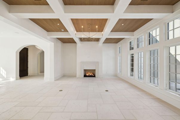 Empty room, Fireplace, Interior, Recessed Lighting, Wooden Ceilings