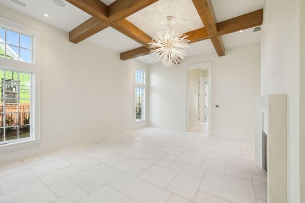 Chandelier, Empty room, Interior, Recessed Lighting, Wooden Beams