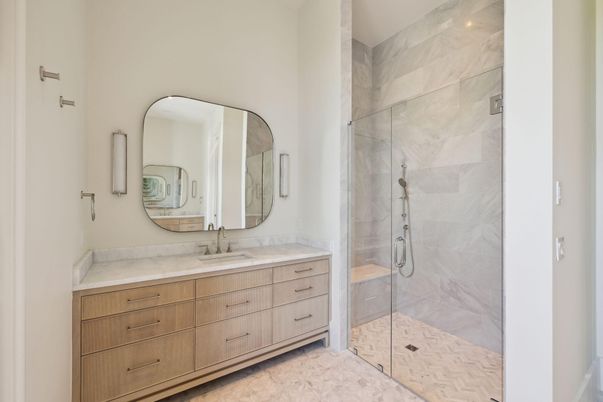 Bathroom, Glass Shower, Interior, Marble Walls, Recessed Lighting