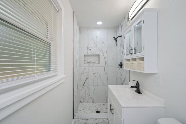 Bathroom, Glass Shower, Interior, Marble, Marble Walls, Recessed Lighting