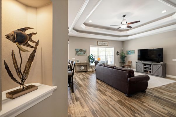 Interior, Living room, Piano, Recessed Lighting, Wood Texture Flooring