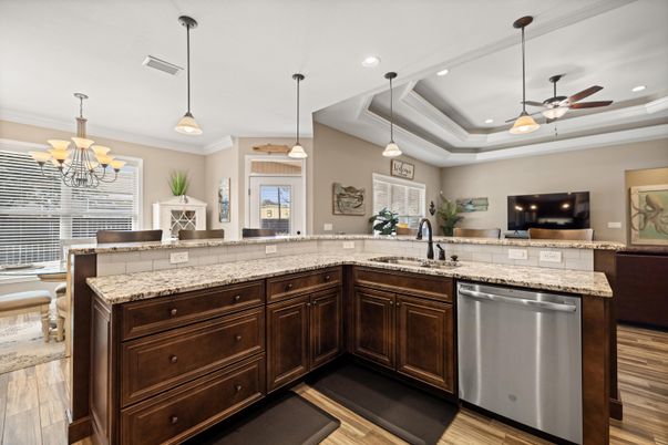 Chandelier, Interior, Kitchen, Pendant Lights, Recessed Lighting, Wood Texture Flooring