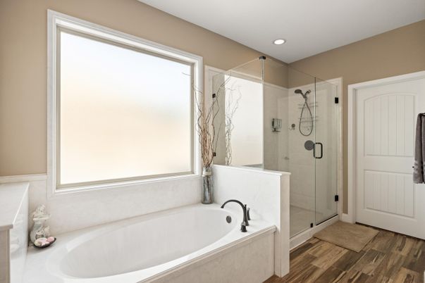 Bathroom, Glass Shower, Interior, Recessed Lighting, Wood Texture Flooring