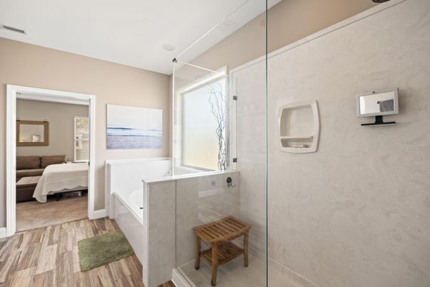 Bathroom, Bedroom, Glass Shower, Interior, Wood Texture Flooring
