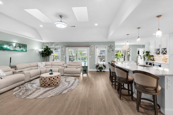 Interior, Kitchen, Living room, Pendant Lights, Recessed Lighting, Wood Texture Flooring