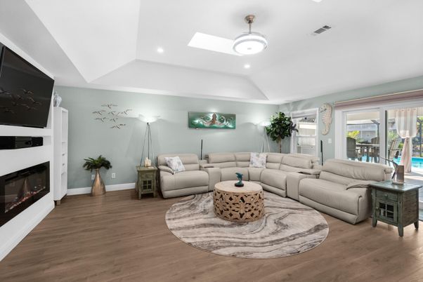Fireplace, Interior, Living room, Recessed Lighting, Wood Texture Flooring