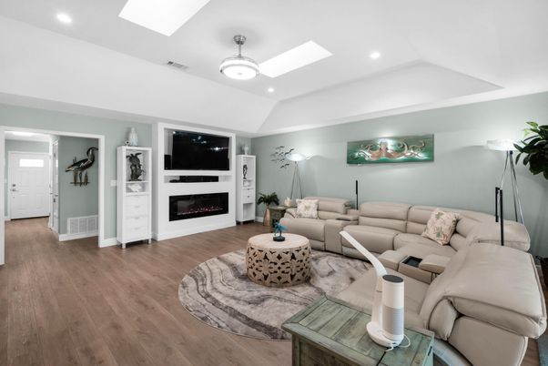 Fireplace, Interior, Living room, Recessed Lighting, Wood Texture Flooring