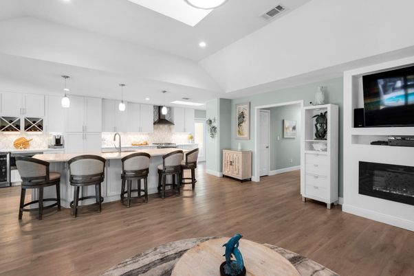 Fireplace, Interior, Kitchen, Pendant Lights, Recessed Lighting, Wood Texture Flooring