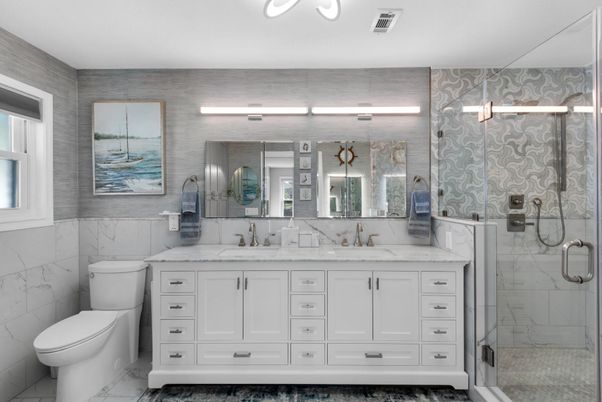 Bathroom, Dual Sink Vanities, Glass Shower, Interior, Marble Walls