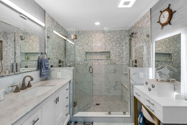Bathroom, Dual Sink Vanities, Glass Shower, Interior, Marble Walls, Recessed Lighting