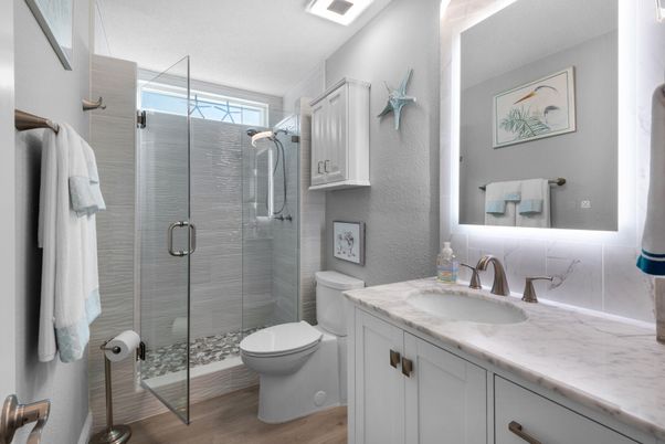 Bathroom, Glass Shower, Interior, Wood Texture Flooring