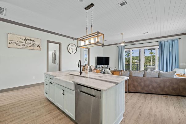 Interior, Kitchen, Living room, Pendant Lights, Recessed Lighting, Wood Texture Flooring