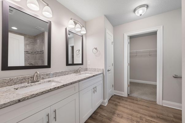 Bathroom, Dual Sink Vanities, Interior, Walk-in Closets, Wood Texture Flooring