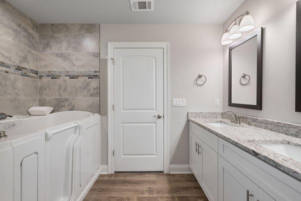 Bathroom, Dual Sink Vanities, Interior, Wood Texture Flooring