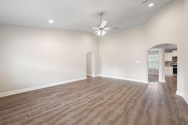 Empty room, Interior, Kitchen, Recessed Lighting, Wood Texture Flooring