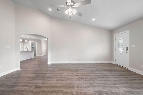 Empty room, Interior, Pendant Lights, Recessed Lighting, Wood Texture Flooring