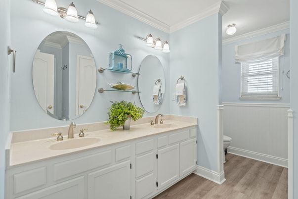 Bathroom, Dual Sink Vanities, Interior, Wood Texture Flooring