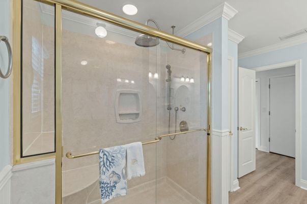 Bathroom, Glass Shower, Interior, Wood Texture Flooring