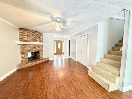 Empty room, Fireplace, Interior, Stone Walls, Wood Texture Flooring