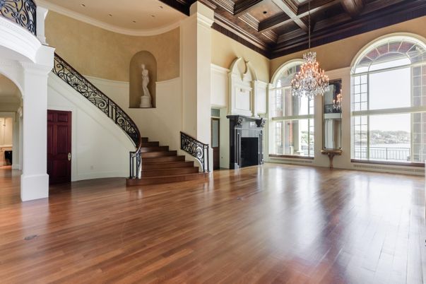 Chandelier, Empty room, Fireplace, Interior, Recessed Lighting, Wood Texture Flooring