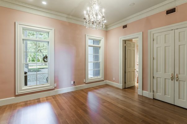 Chandelier, Empty room, Interior, Recessed Lighting, Wood Texture Flooring
