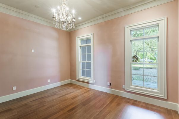 Chandelier, Empty room, Interior, Recessed Lighting, Wood Texture Flooring