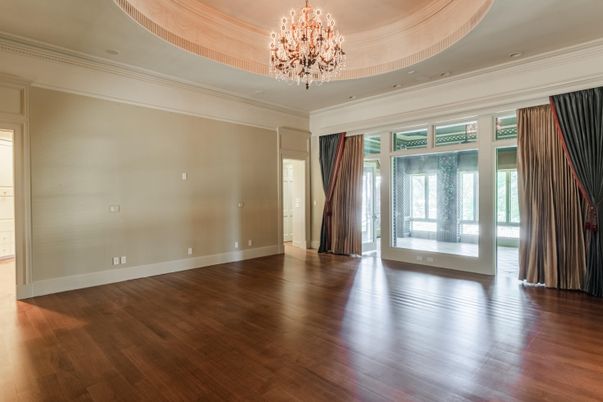 Chandelier, Empty room, Interior, Recessed Lighting, Wood Texture Flooring