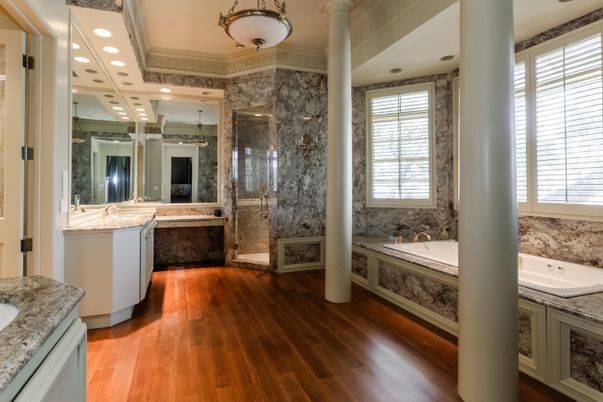 Bathroom, Glass Shower, Interior, Recessed Lighting, Wood Texture Flooring
