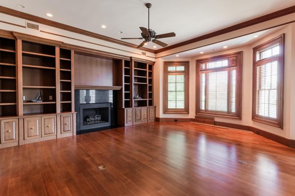 Empty room, Fireplace, Interior, Recessed Lighting, Wood Texture Flooring