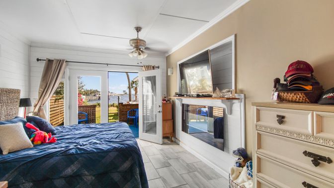 Bedroom, Fireplace, Interior, Wood Texture Flooring