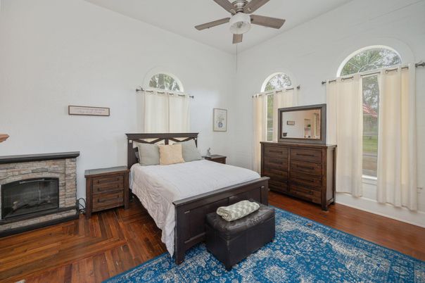 Bedroom, Fireplace, Interior, Wood Texture Flooring
