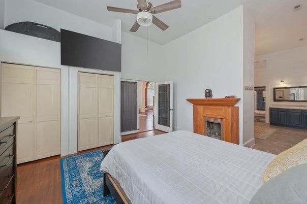 Bedroom, Fireplace, Interior, Wood Texture Flooring
