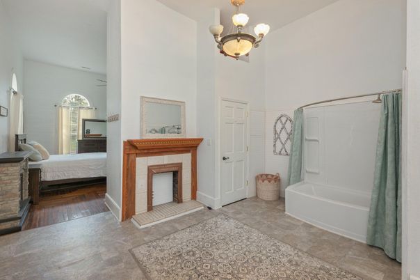 Bathroom, Bedroom, Chandelier, Fireplace, Interior, Wood Texture Flooring