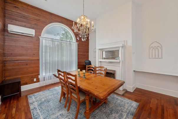 Chandelier, Dining room, Fireplace, Interior, Wood Texture Flooring, Wooden Walls
